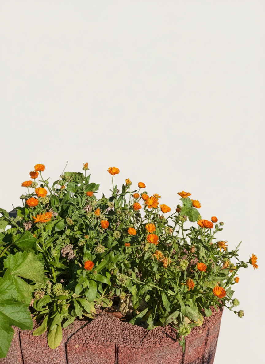 Blumenkübel mit Ringelblumen